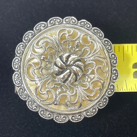 West Germany Filigree Scarf Collar Clip Ring Silver Tone Mother of Pearl Vintage - Picture 7 of 8